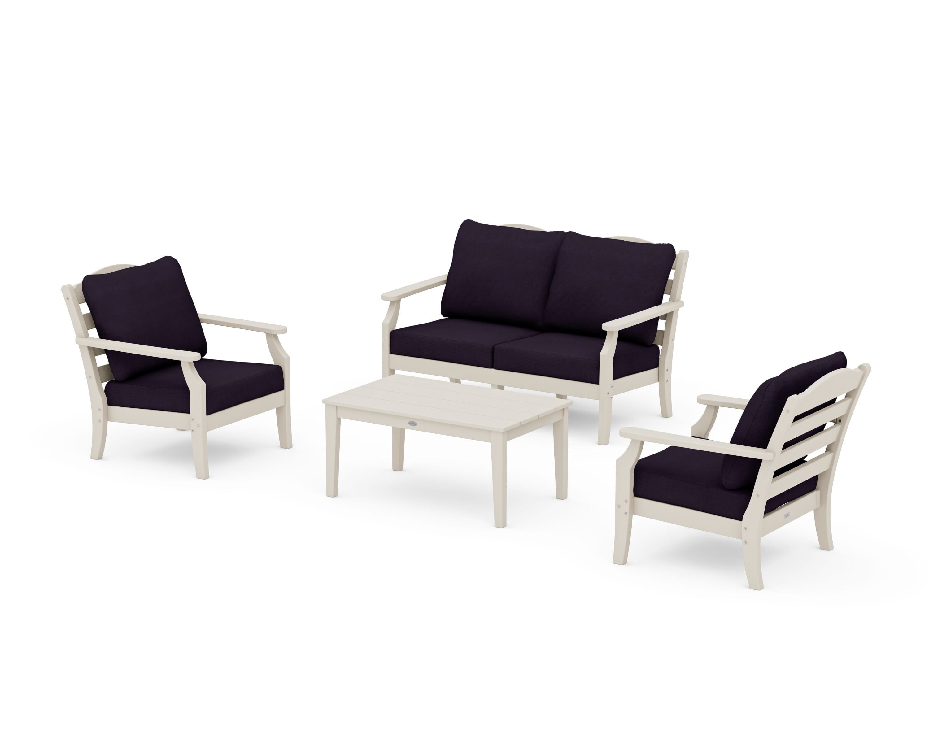 Draper James™ by  POLYWOOD® Savannah 4-Piece Deep Seating Set with Loveseat in Sand / Navy Linen