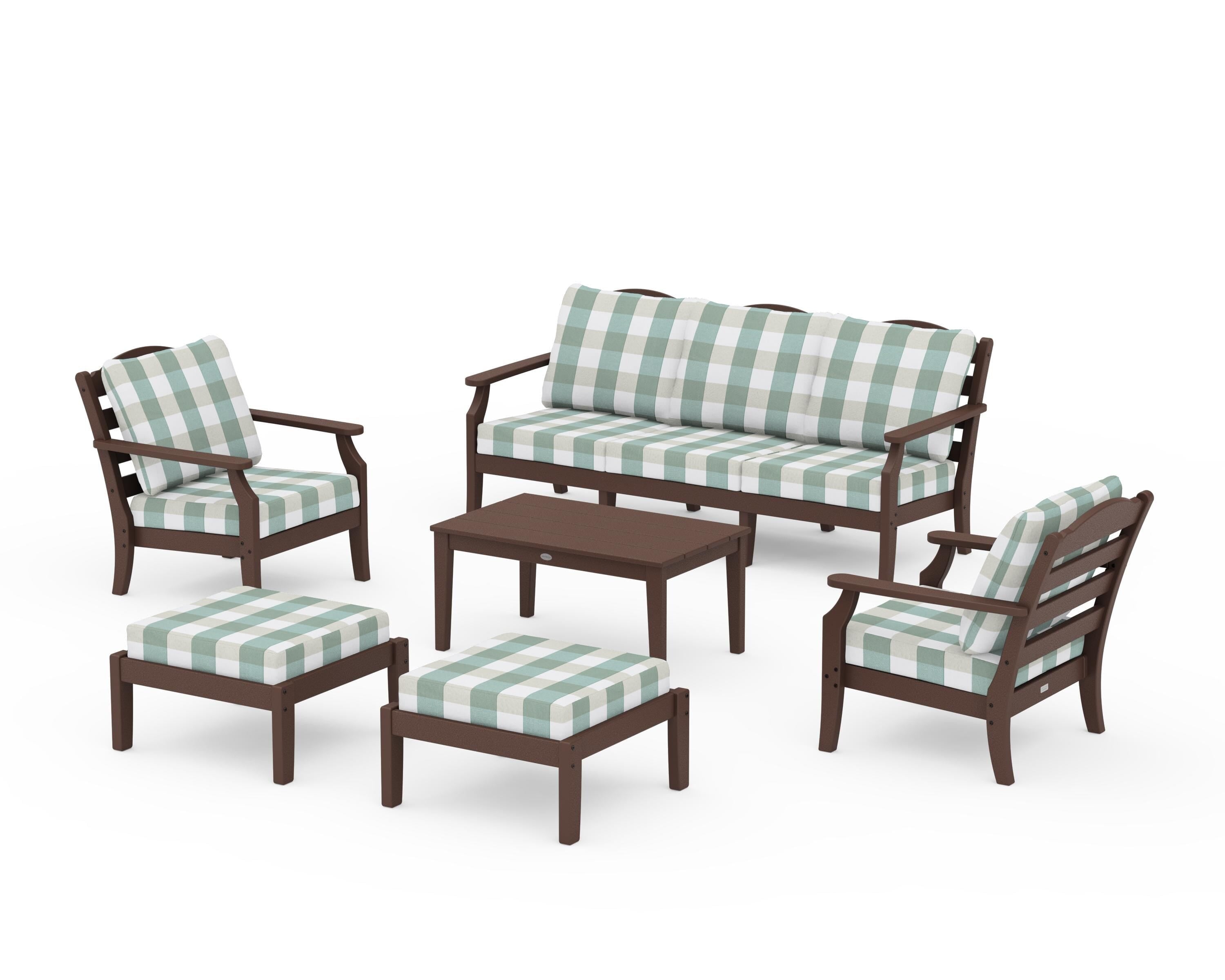Draper James™ by  POLYWOOD® Savannah 6-Piece Lounge Sofa Set in Mahogany / Buffalo Plaid Glacier Spa