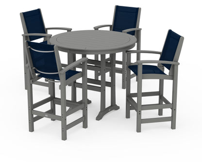 POLYWOOD® Coastal 5-Piece Nautical Trestle Bar Set in Slate Grey / Navy Blue Sling