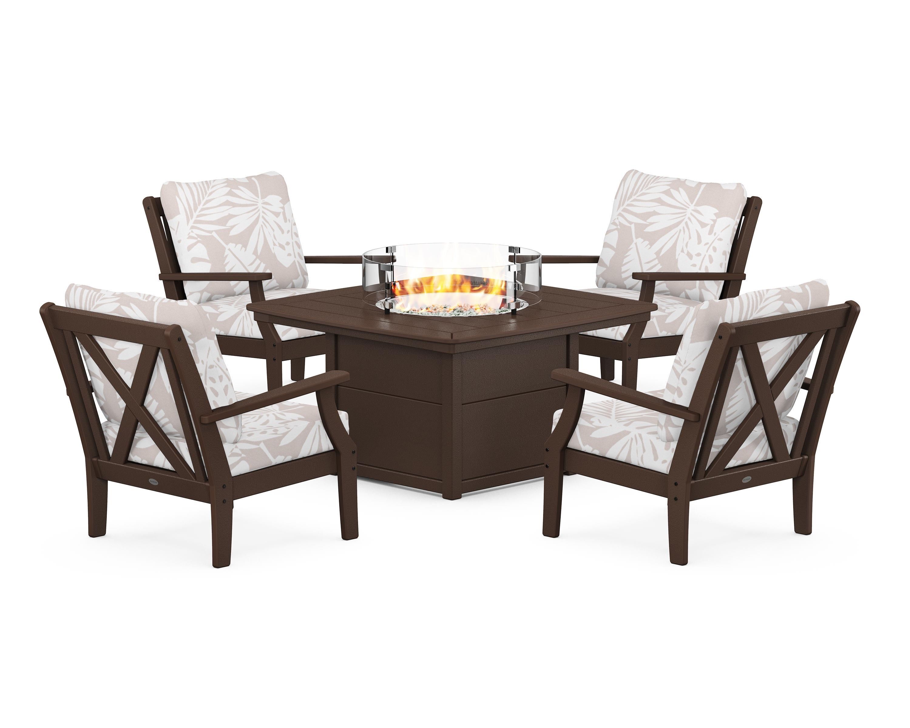POLYWOOD® Braxton 5-Piece Deep Seating Conversation Set with Fire Pit Table in Mahogany / Leaf Dune Burlap