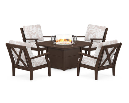 POLYWOOD® Braxton 5-Piece Deep Seating Conversation Set with Fire Pit Table in Mahogany / Leaf Dune Burlap
