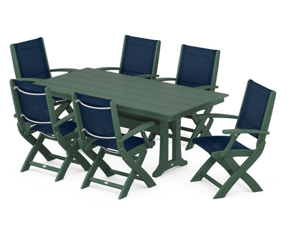 POLYWOOD® Coastal Folding Arm Chair 7-Piece Farmhouse Dining Set with Trestle Legs in Green / Navy Blue Sling