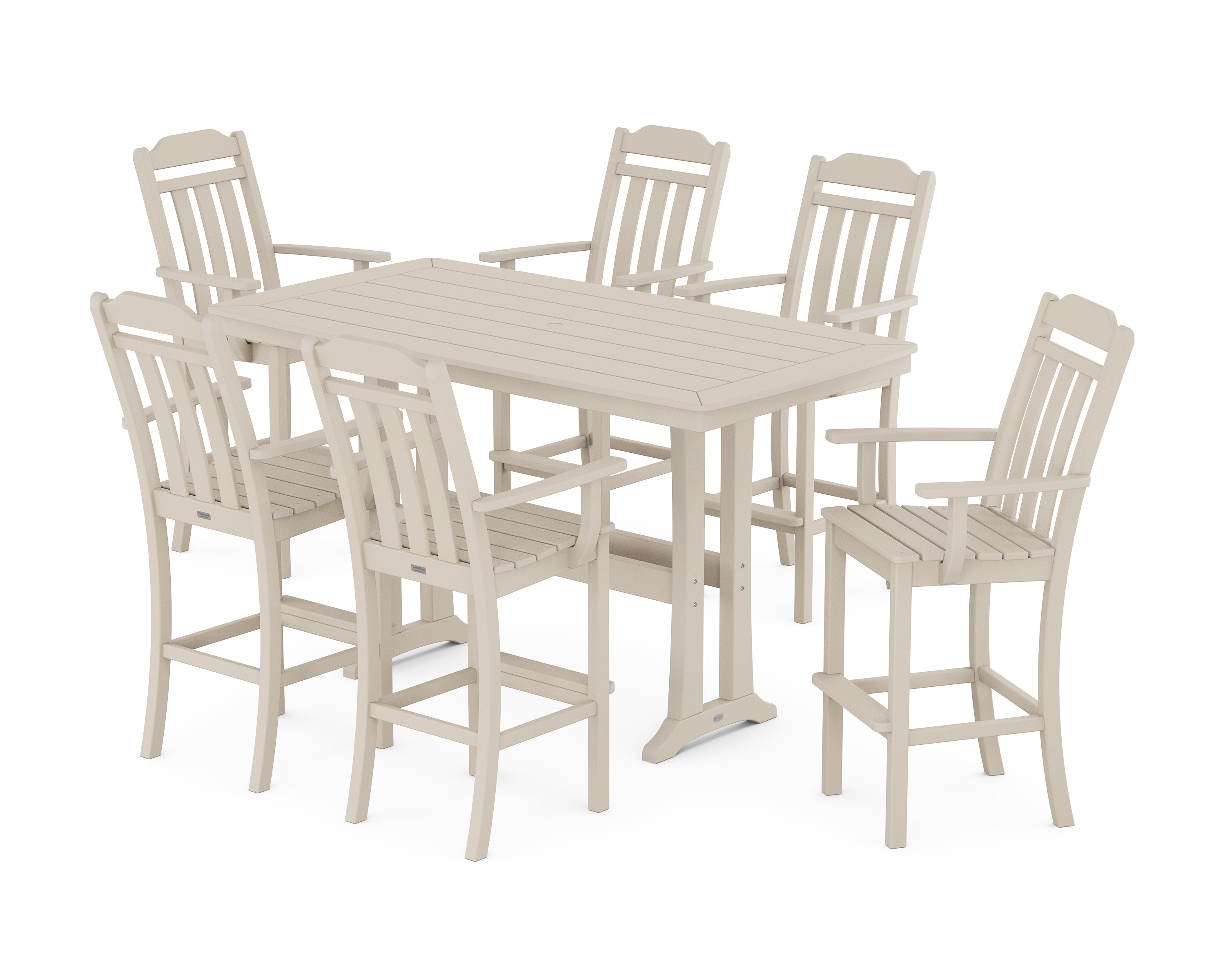 Country Living Cottage Arm Chair 7-Piece Bar Set with Trestle Legs in Sand