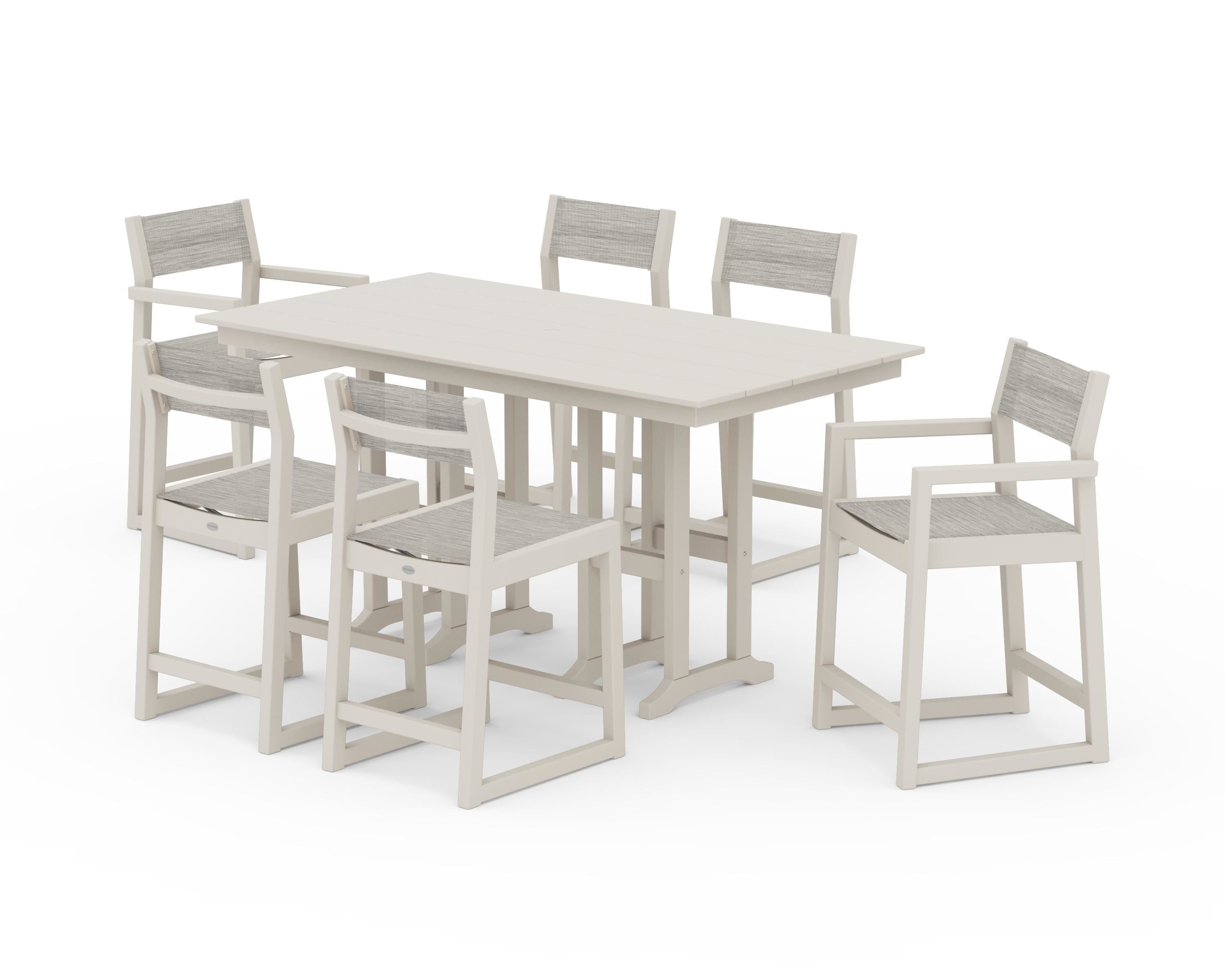 POLYWOOD® EDGE Sling 7-Piece Farmhouse Counter Set with Trestle Legs in Sand / Birch Sling