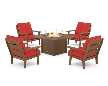 POLYWOOD® Lakeside 5-Piece Deep Seating Set with Nautical Fire Pit Table in Teak / Crimson Linen