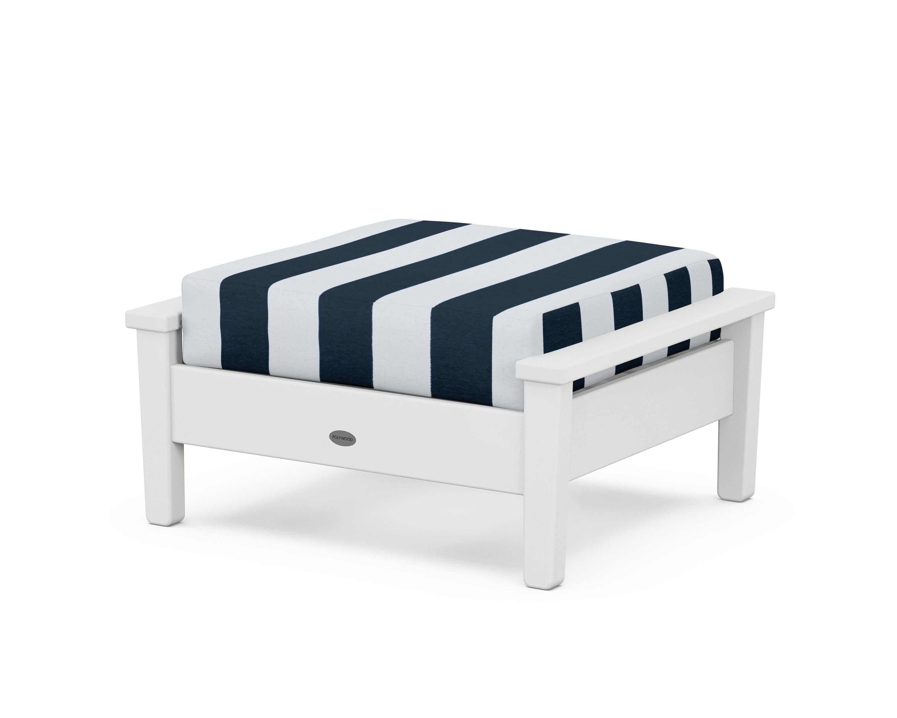 POLYWOOD® Prescott Deep Seating Ottoman in White / Cabana Stripe Marine Indigo