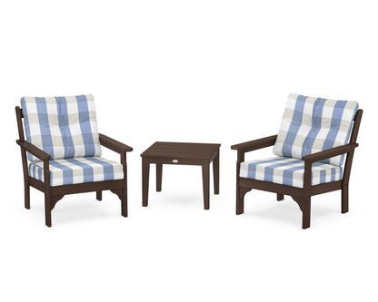POLYWOOD® Vineyard 3-Piece Deep Seating Set in Mahogany / Buffalo Plaid Sky Blue