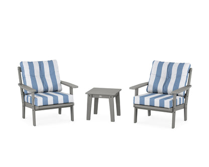 POLYWOOD® Oxford 3-Piece Deep Seating Set in Slate Grey / Cabana Stripe Sky Blue