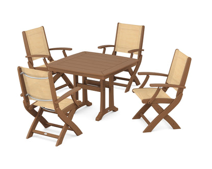 POLYWOOD® Coastal Folding Chair 5-Piece Dining Set with Trestle Legs in Teak / Dupioni Apricot Sling
