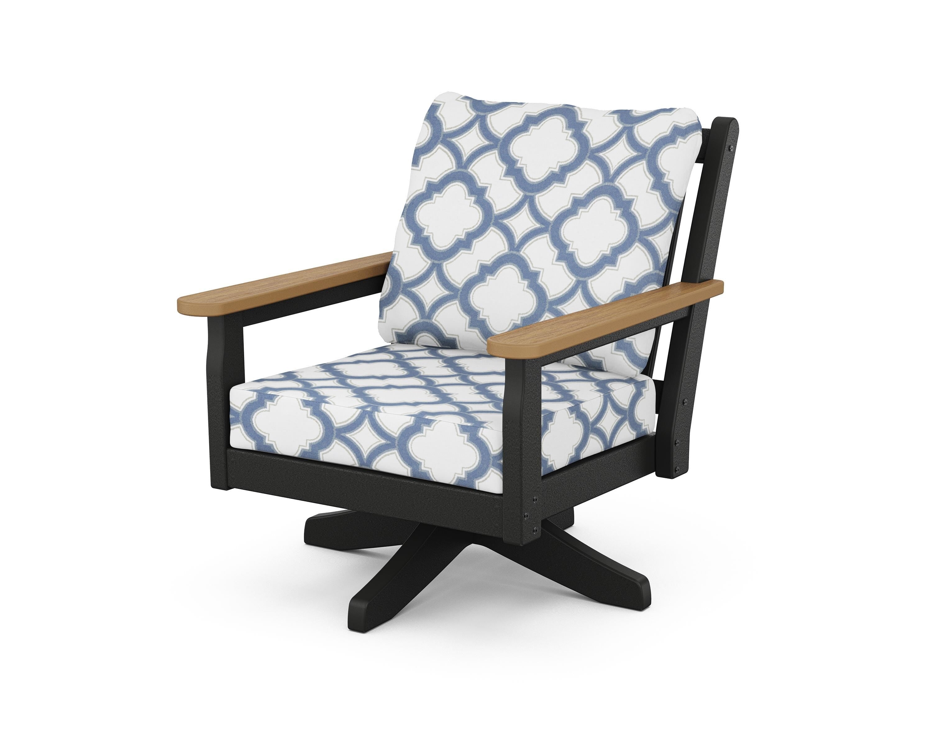 POLYWOOD® Chippendale Deep Seating Swivel Chair in Black / Natural / Trellis Sky Blue