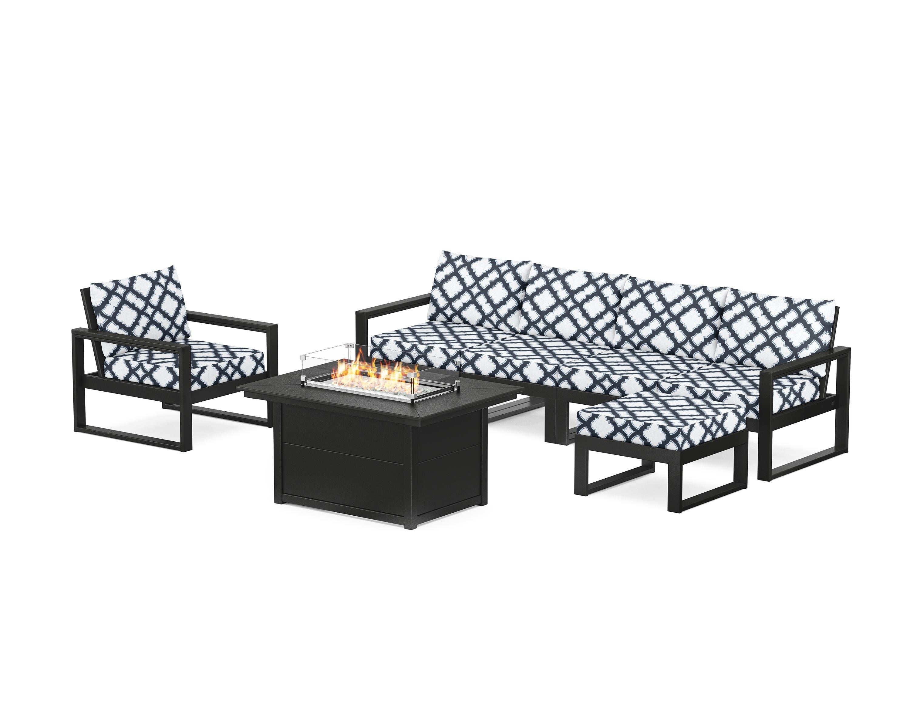 POLYWOOD® EDGE Sectional Lounge and Fire Pit Set in Black / Trellis Marine Indigo
