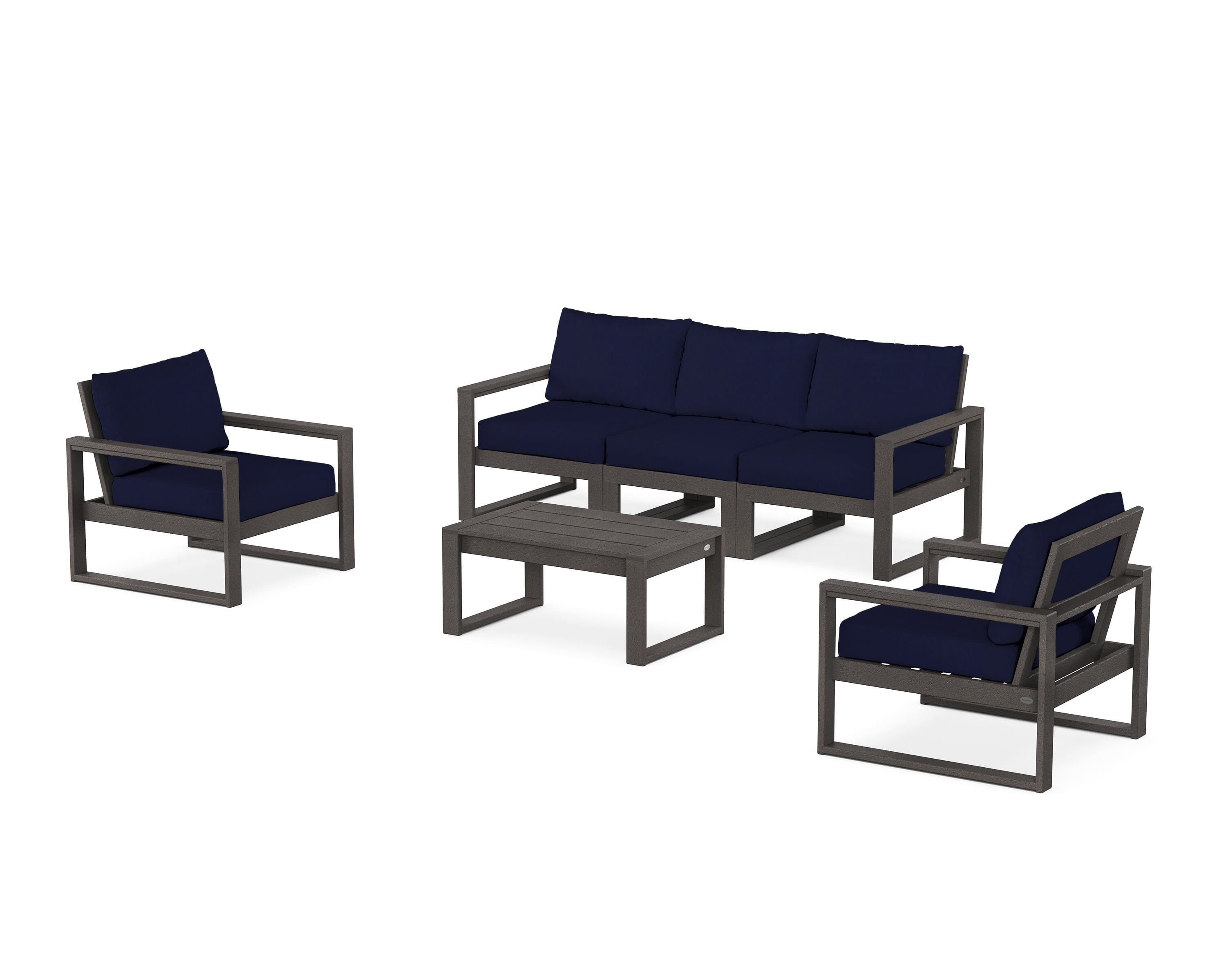POLYWOOD® EDGE Sectional 4-Piece Deep Seating Set with Sofa in Vintage Coffee / Navy