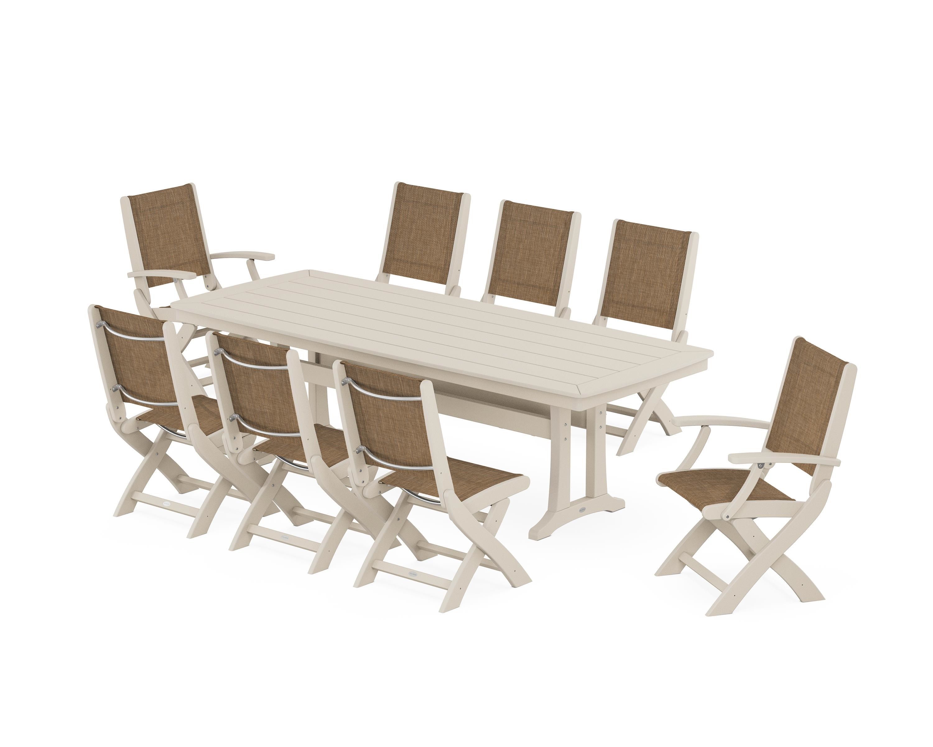 POLYWOOD® Coastal Folding 9-Piece Dining Set with Trestle Legs in Sand / Burlap Sling