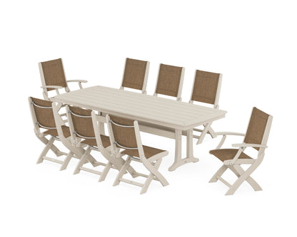 POLYWOOD® Coastal Folding 9-Piece Dining Set with Trestle Legs in Sand / Burlap Sling