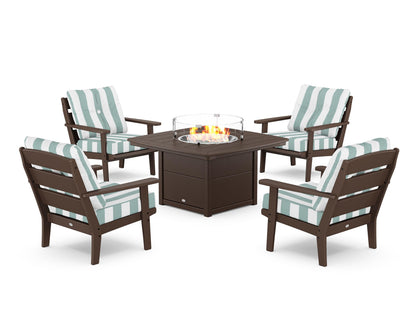 POLYWOOD® Lakeside 5-Piece Deep Seating Set with Nautical Fire Pit Table in Mahogany / Cabana Stripe Glacier Spa