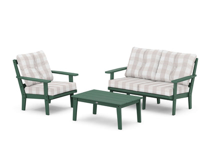 POLYWOOD® Oxford 3-Piece Deep Seating Set with Loveseat in Green / Buffalo Plaid Dune Burlap