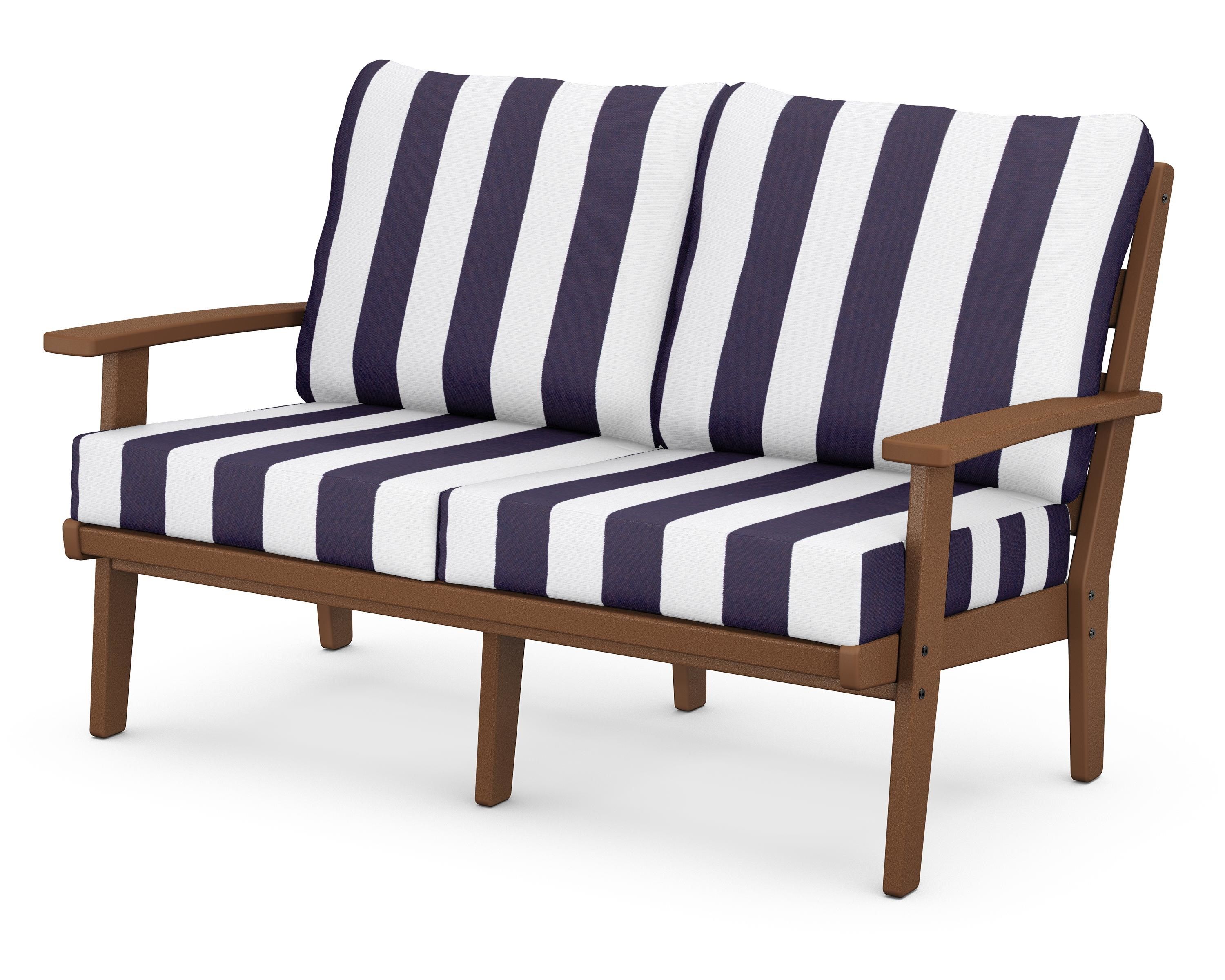 POLYWOOD® Grant Park Deep Seating Loveseat in Teak / Cabana Stripe Navy