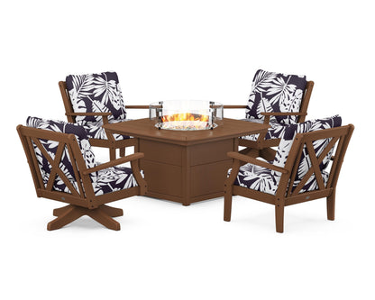 POLYWOOD® Braxton 5-Piece Deep Seating Set with Fire Table in Teak / Leaf Navy