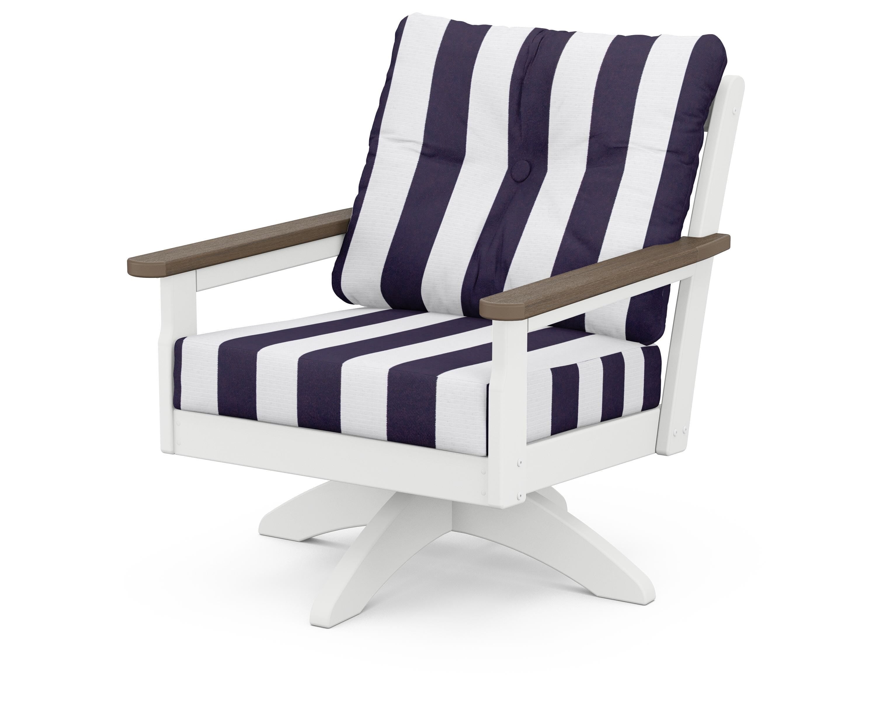 POLYWOOD® Vineyard Deep Seating Swivel Chair in White / Kona / Cabana Stripe Navy