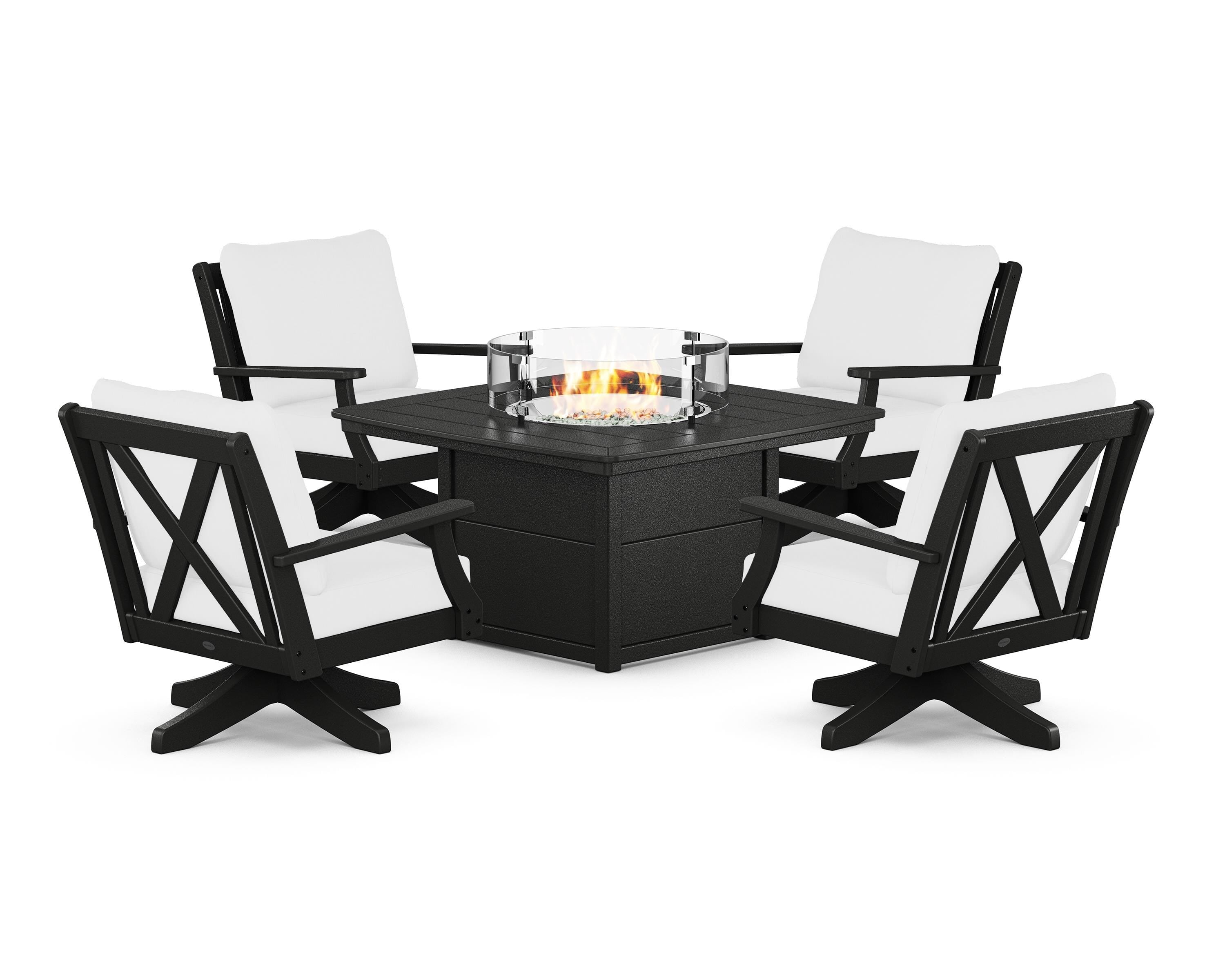 POLYWOOD® Braxton 5-Piece Deep Seating Swivel Conversation Set with Fire Pit Table in Black / Natural