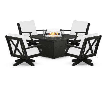 POLYWOOD® Braxton 5-Piece Deep Seating Swivel Conversation Set with Fire Pit Table in Black / Natural