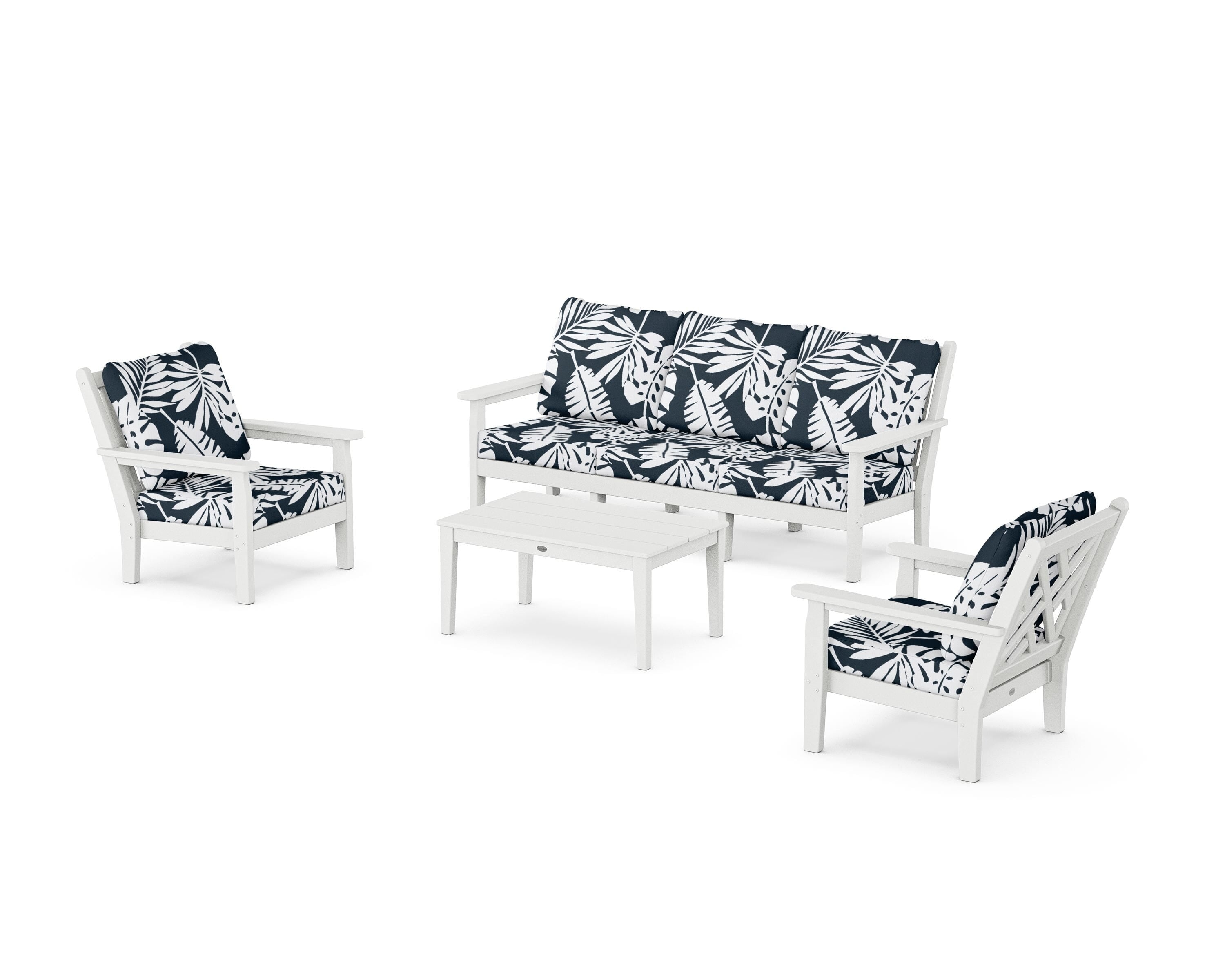 POLYWOOD® Chippendale 4-Piece Deep Seating Set with Sofa in White / Leaf Marine Indigo