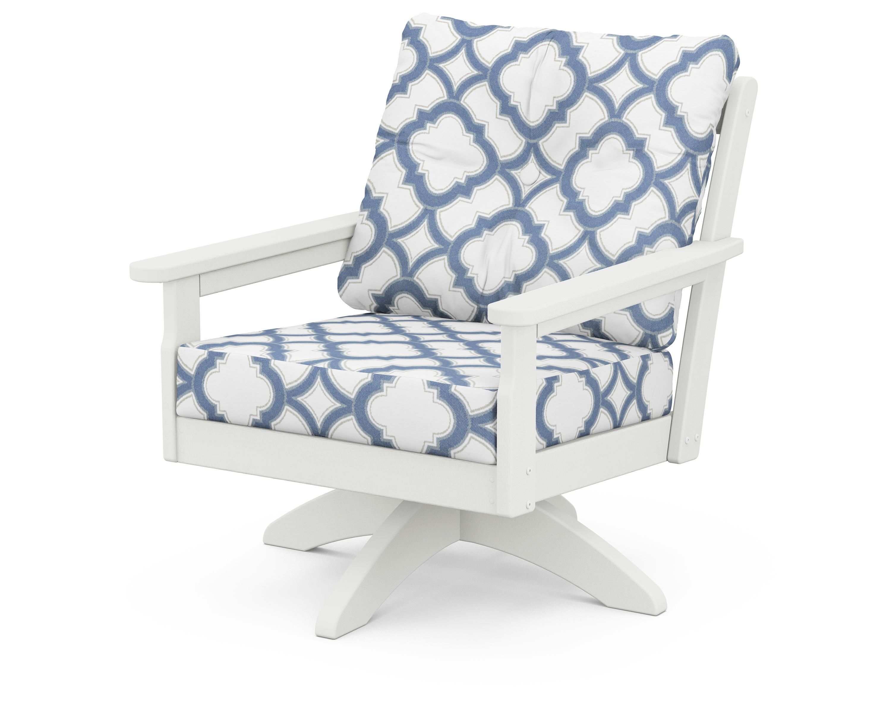 POLYWOOD® Vineyard Deep Seating Swivel Chair in Vintage White / Trellis Sky Blue
