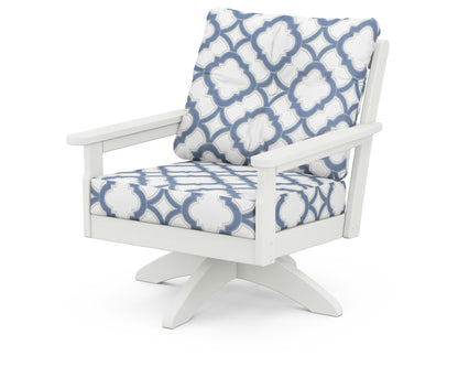 POLYWOOD® Vineyard Deep Seating Swivel Chair in Vintage White / Trellis Sky Blue