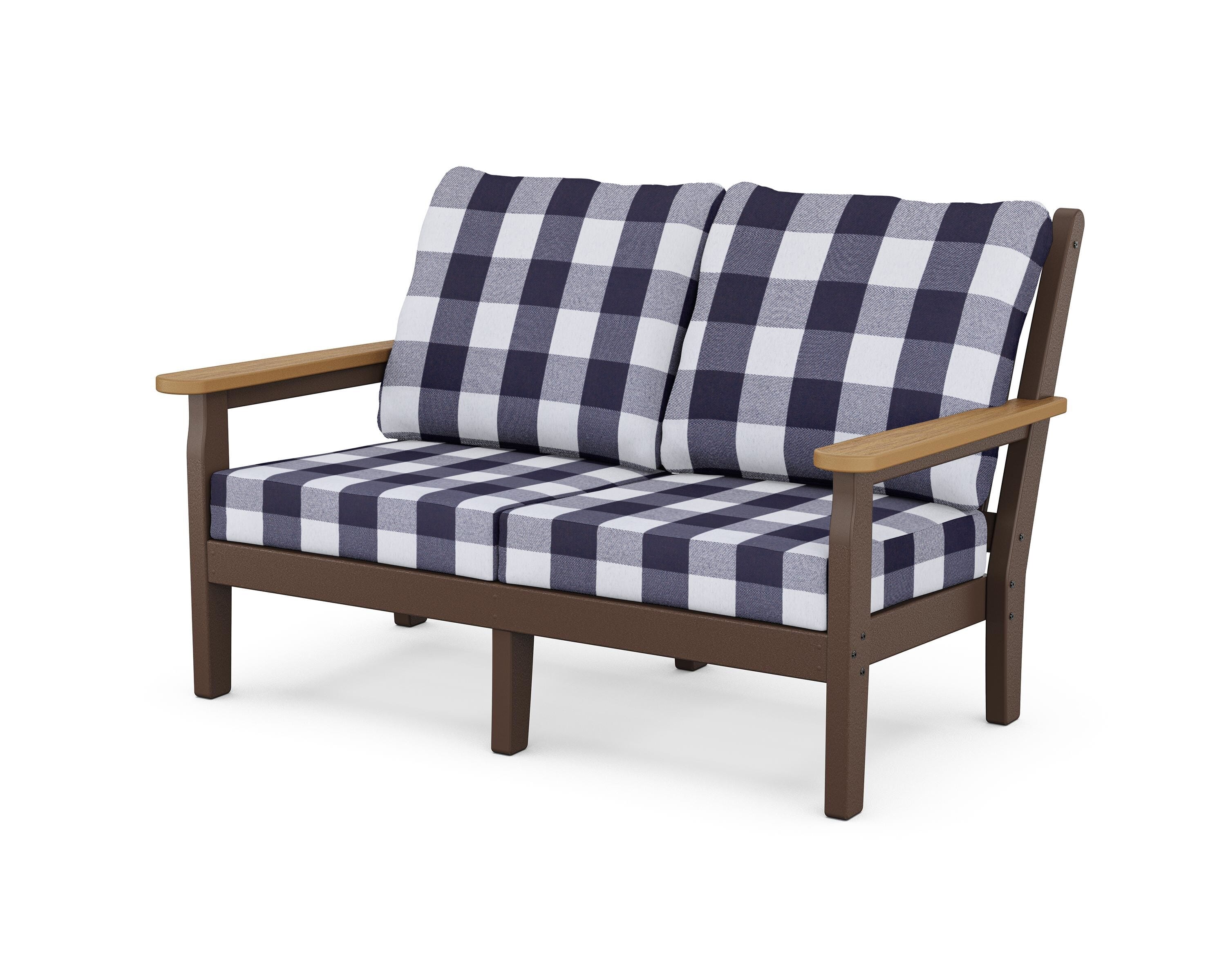 POLYWOOD® Chippendale Deep Seating Loveseat in Mahogany / Natural / Buffalo Plaid Navy