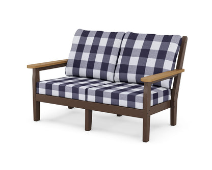 POLYWOOD® Chippendale Deep Seating Loveseat in Mahogany / Natural / Buffalo Plaid Navy