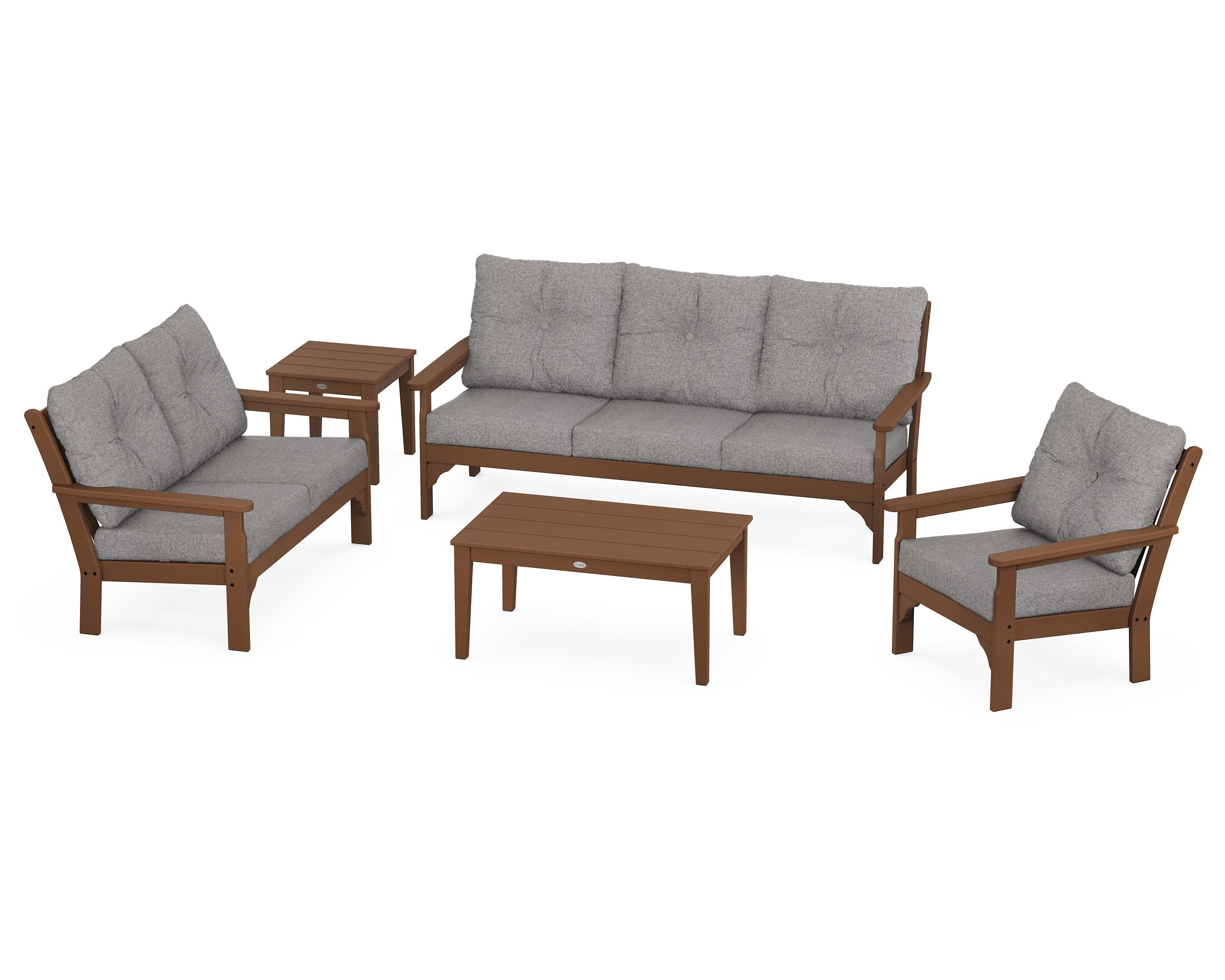 POLYWOOD® Vineyard 5 Piece Deep Seating Set in Teak / Grey Mist