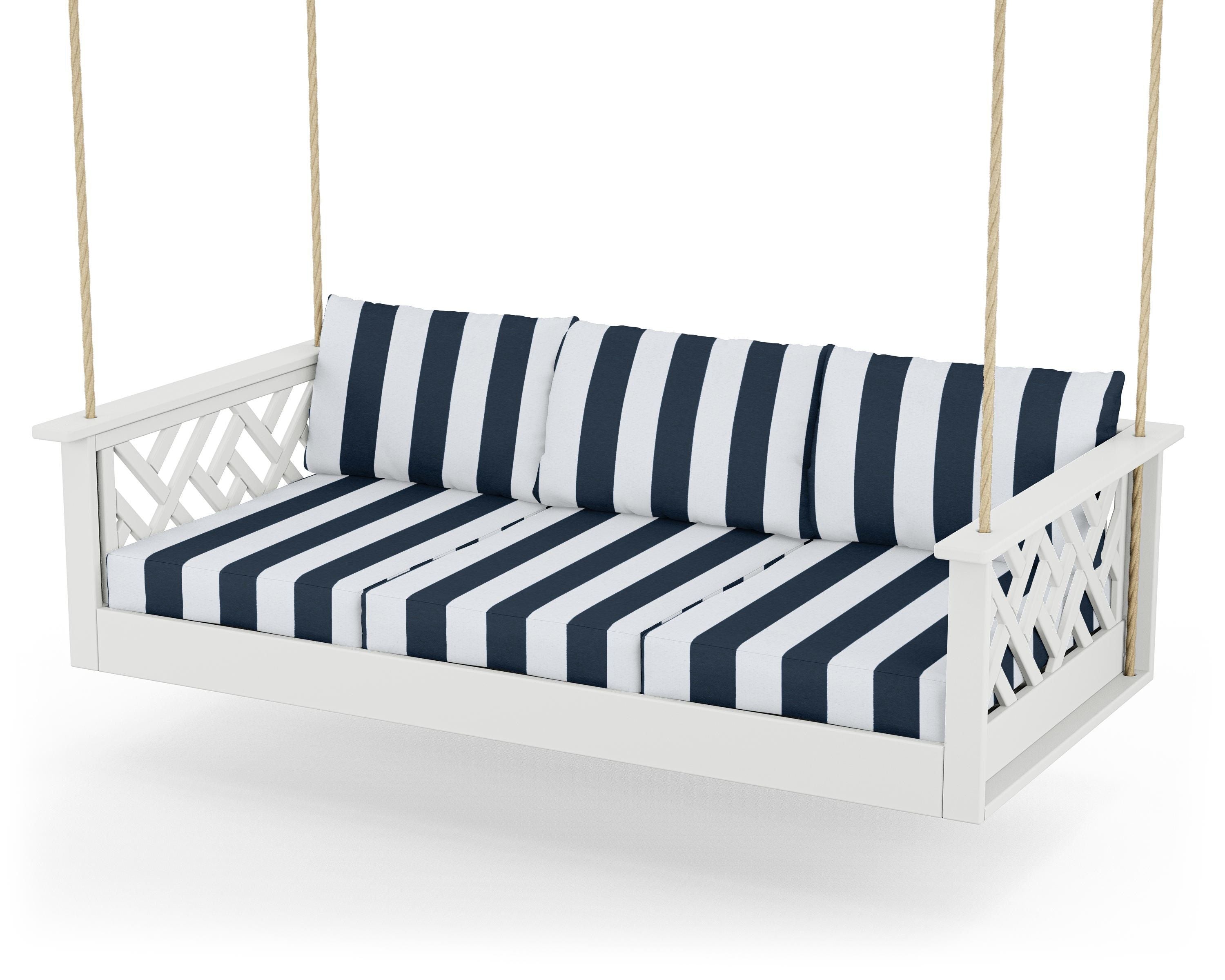 POLYWOOD® Chippendale Daybed Swing in White / Cabana Stripe Marine Indigo