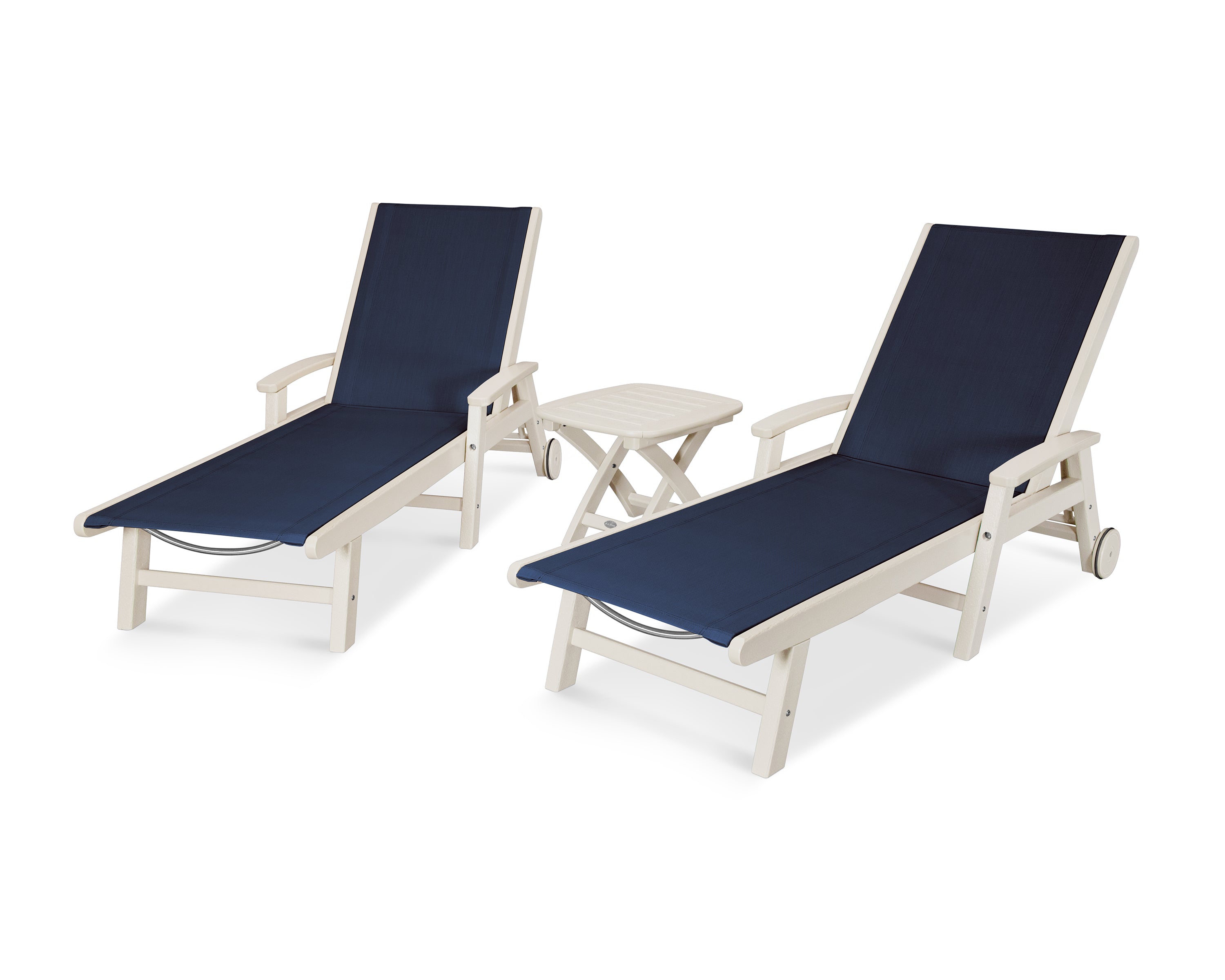 POLYWOOD® Coastal 3-Piece Wheeled Chaise Set in Sand / Navy Blue Sling