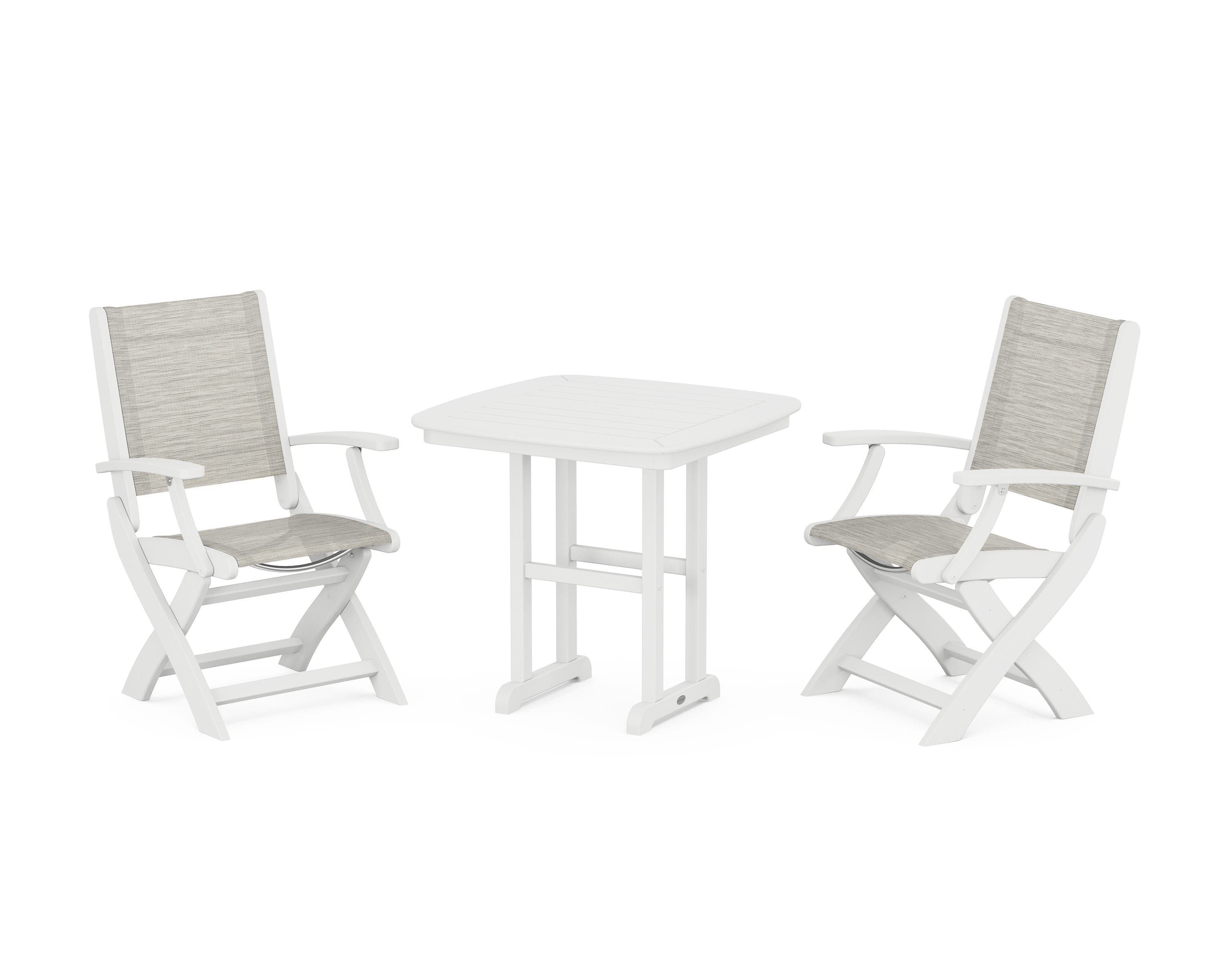 POLYWOOD® Coastal Folding Chair 3-Piece Dining Set in White / Birch Sling