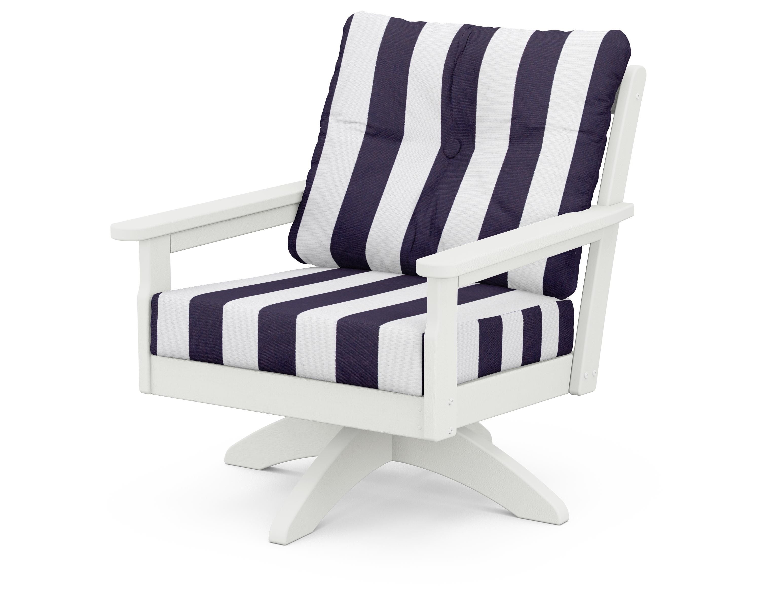 POLYWOOD® Vineyard Deep Seating Swivel Chair in Vintage White / Cabana Stripe Navy