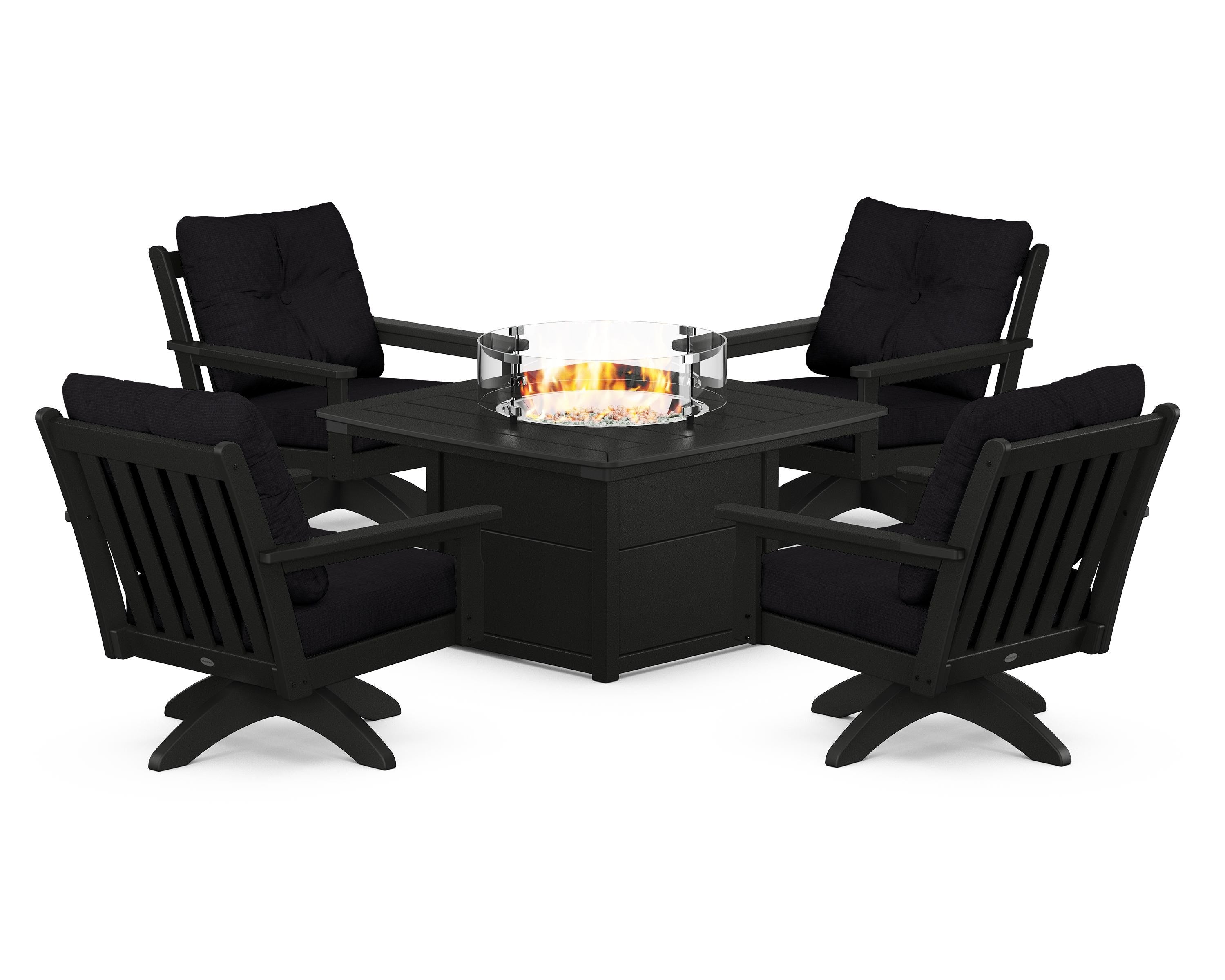 POLYWOOD® Vineyard 5-Piece Deep Seating Swivel Conversation Set with Fire Pit Table in Black / Midnight Linen