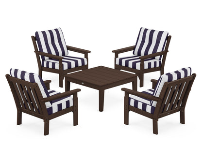 POLYWOOD® Vineyard 5-Piece Deep Seating Conversation Set in Mahogany / Cabana Stripe Navy