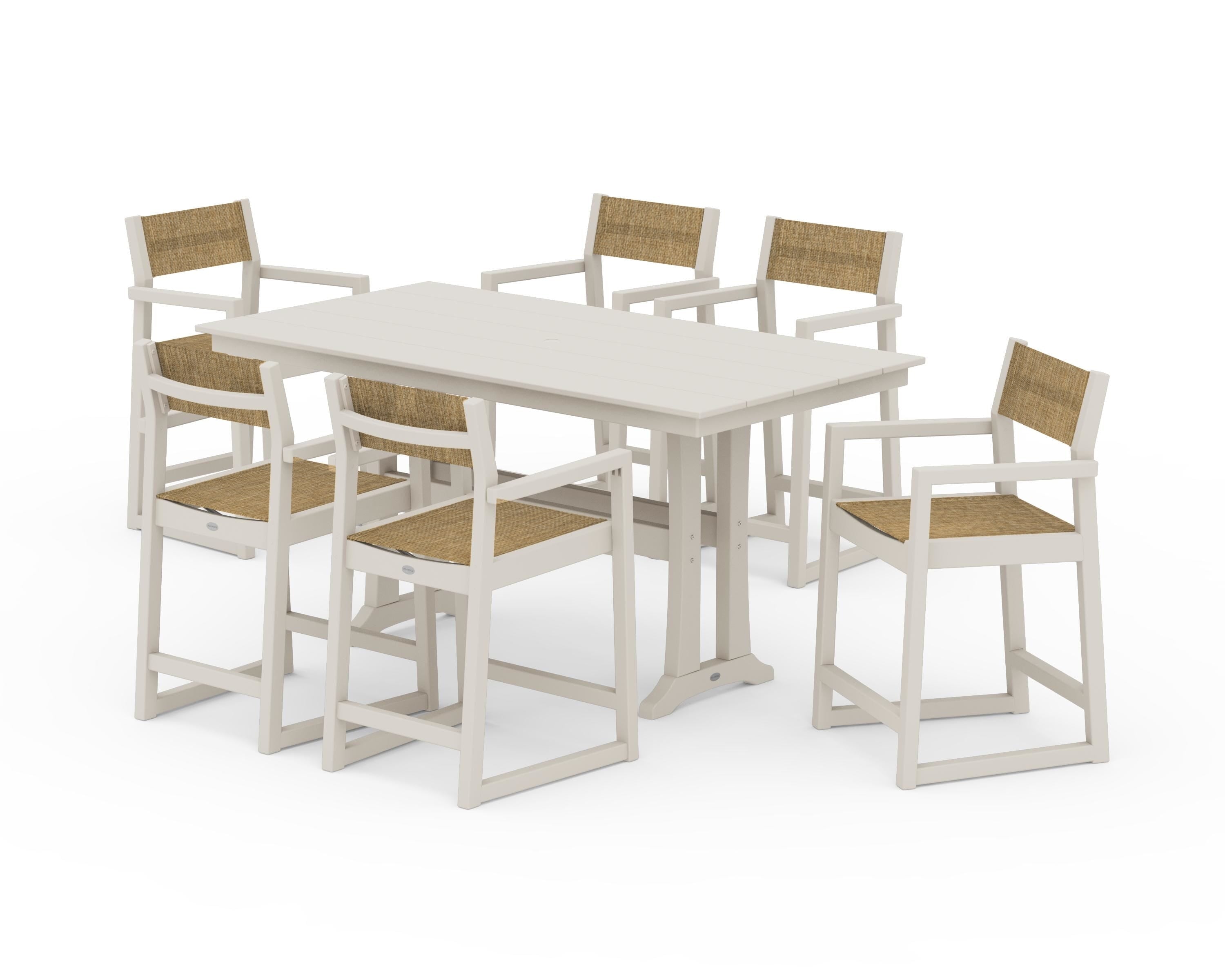 POLYWOOD® EDGE Sling Arm Chair 7-Piece Farmhouse Counter Set with Trestle Legs in Sand / Burlap Sling
