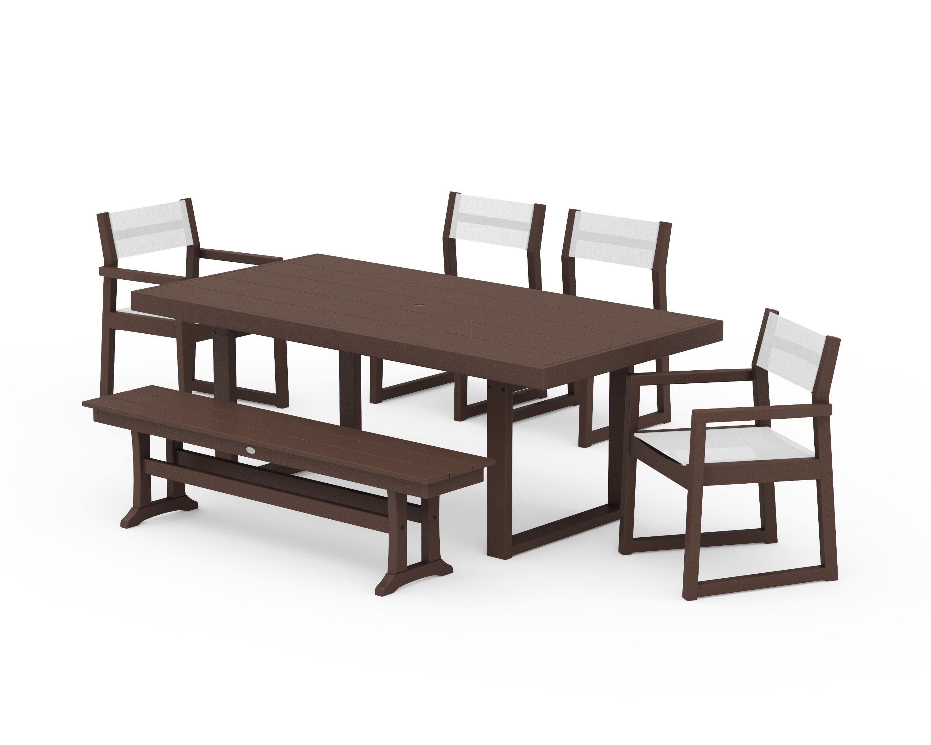 POLYWOOD® EDGE Sling 6-Piece Dining Set with Bench in Mahogany / White Sling