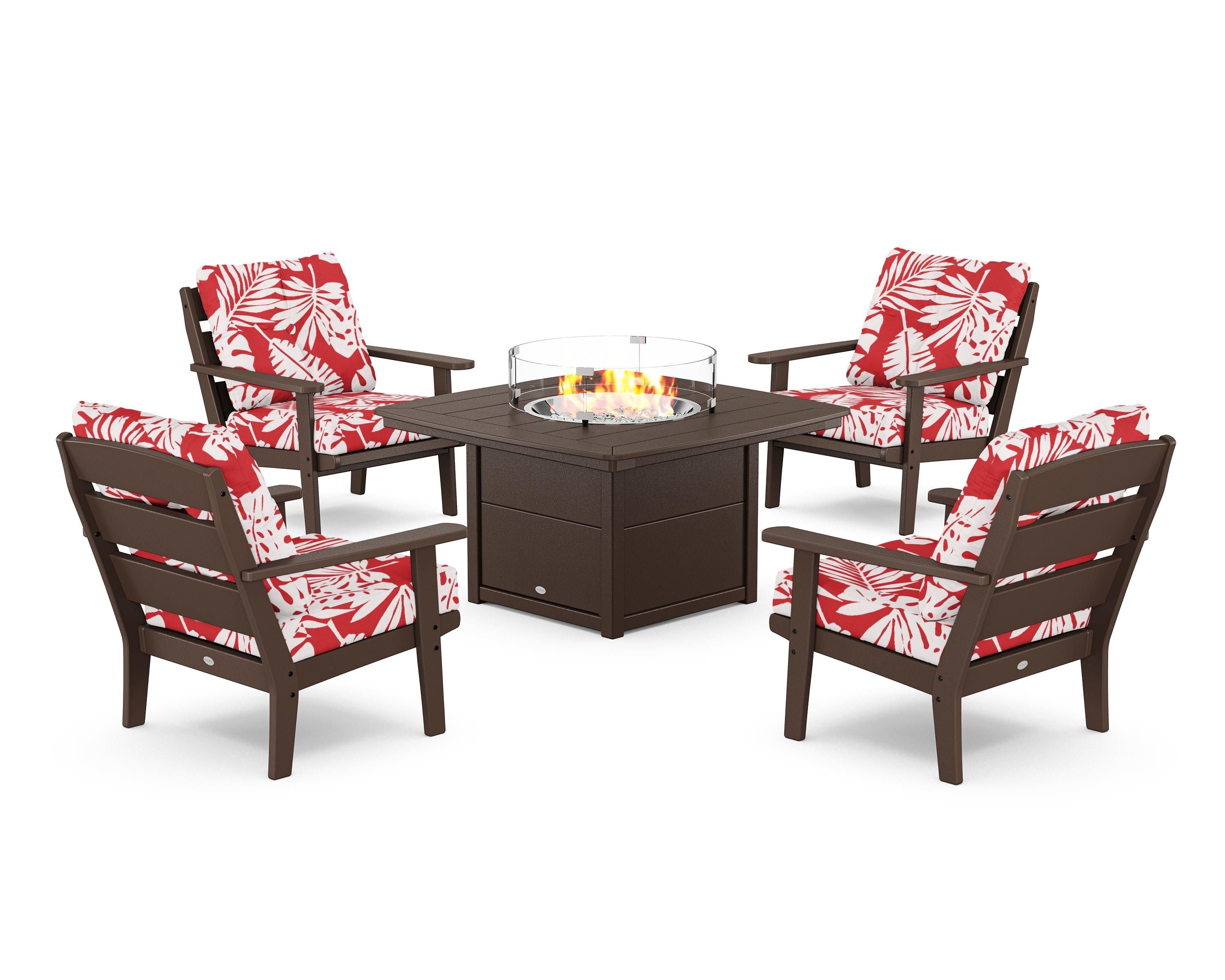POLYWOOD® Lakeside 5-Piece Deep Seating Set with Nautical Fire Pit Table in Mahogany / Leaf Crimson