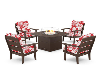 POLYWOOD® Lakeside 5-Piece Deep Seating Set with Nautical Fire Pit Table in Mahogany / Leaf Crimson
