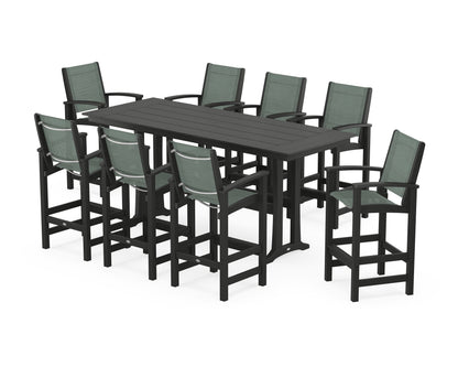 POLYWOOD® Coastal 9-Piece Farmhouse Bar Set with Trestle Legs in Black / Dupioni Sea Mist Sling