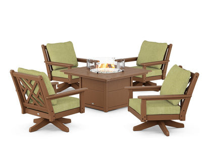 POLYWOOD® Chippendale 5-Piece Deep Seating Swivel Conversation Set with Fire Pit Table in Teak / Chartreuse Boucle