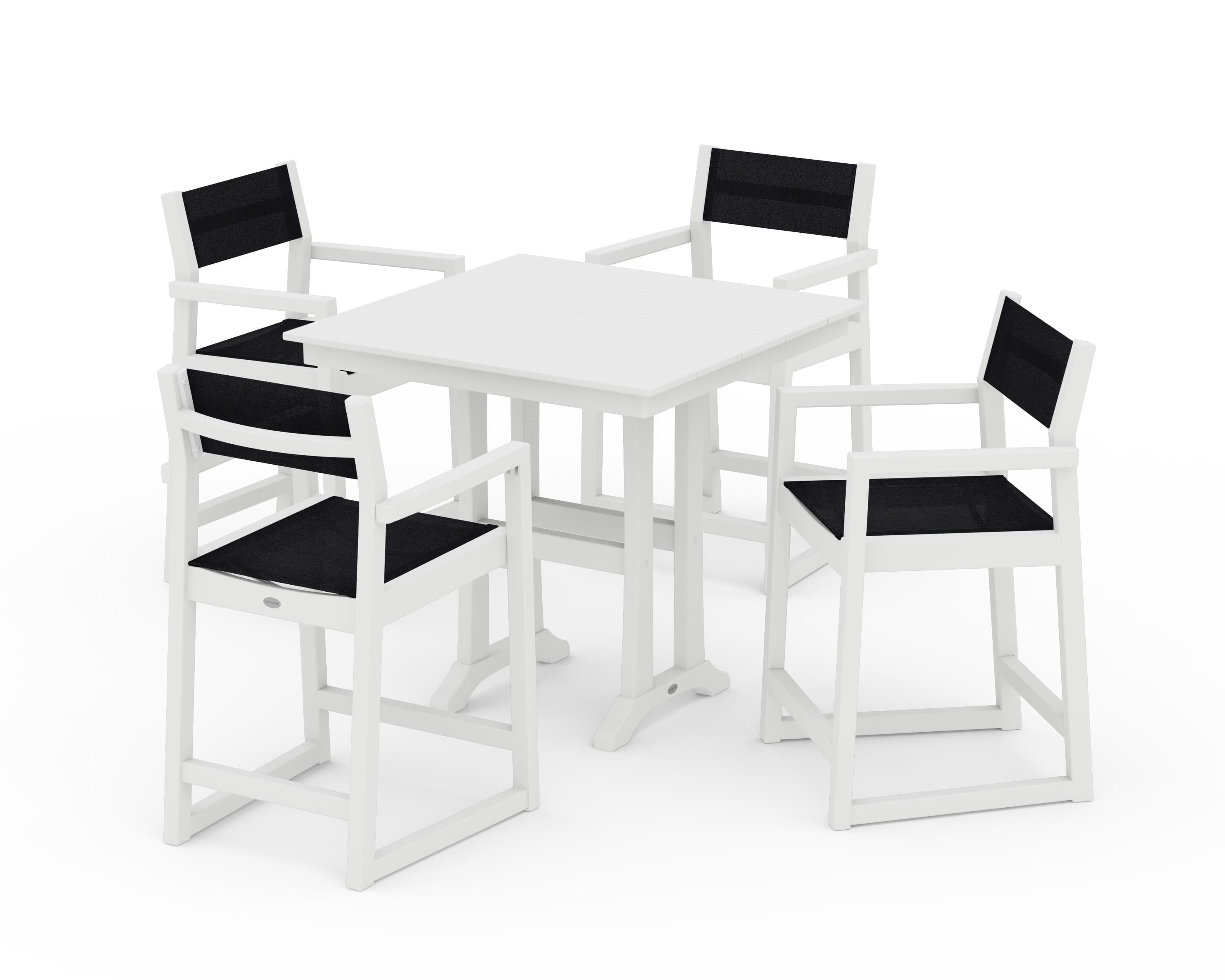 POLYWOOD® EDGE Sling Arm Chair 5-Piece Farmhouse Counter Set with Trestle Legs in White / Black Sling