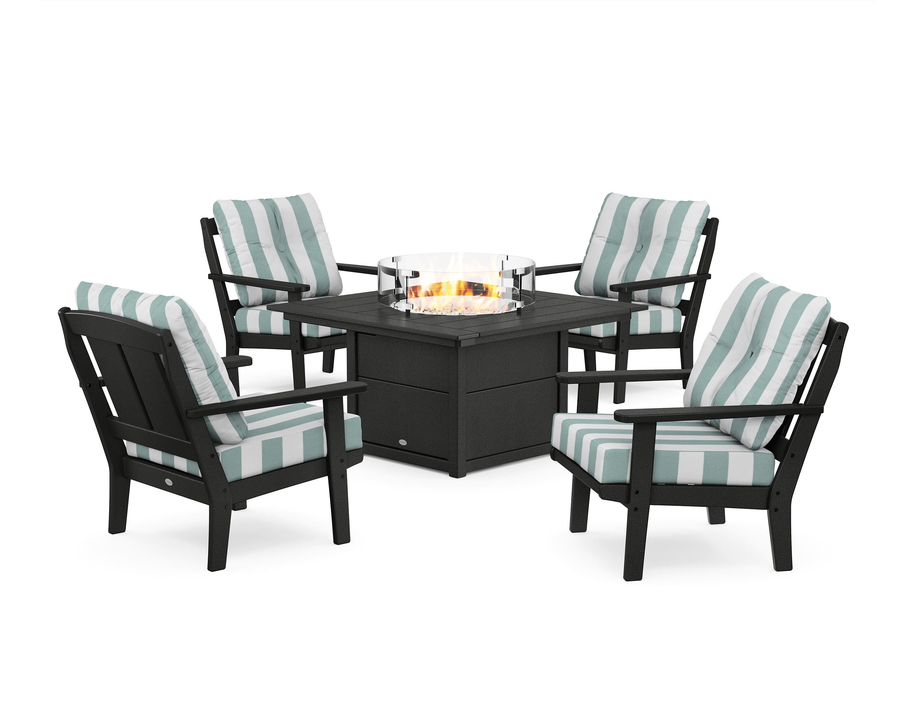 POLYWOOD® Mission 5-Piece Deep Seating Set with Fire Pit Table in Black / Cabana Stripe Glacier Spa