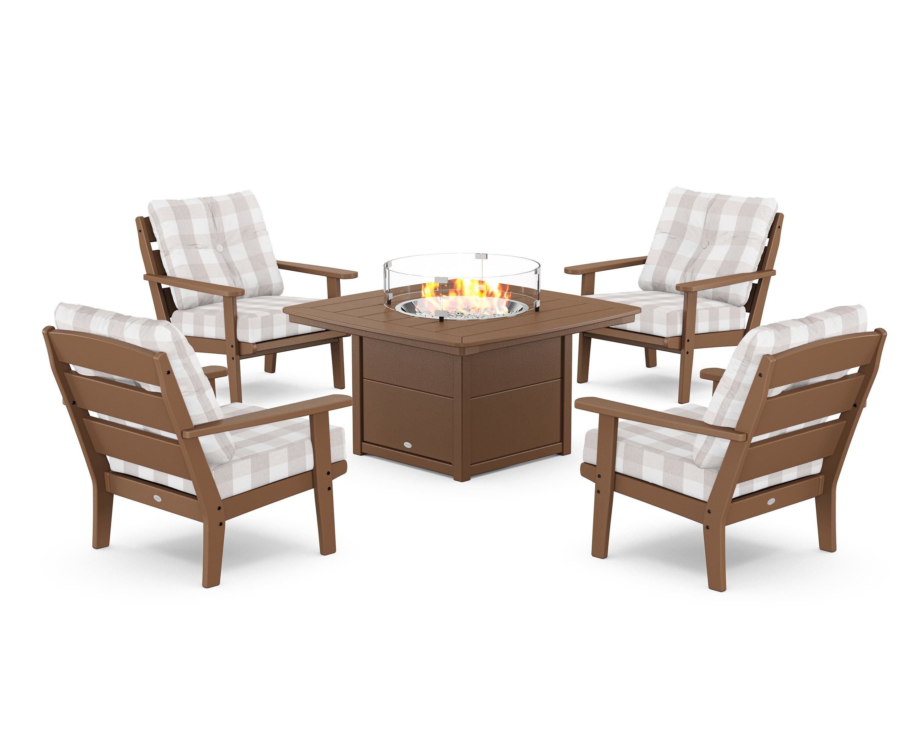 POLYWOOD® Lakeside 5-Piece Deep Seating Set with Nautical Fire Pit Table in Teak / Buffalo Plaid Dune Burlap