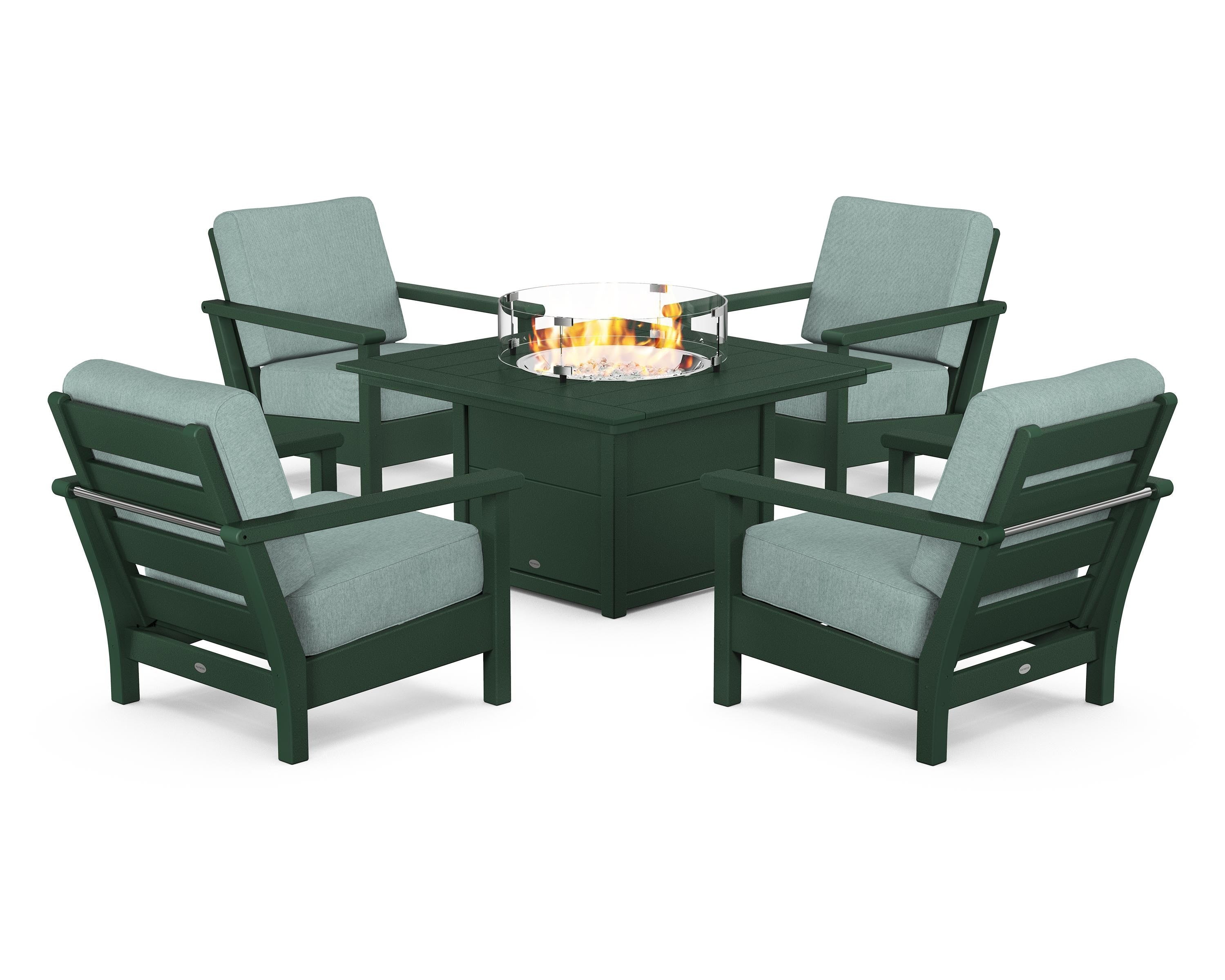 POLYWOOD® Harbour 5-Piece Conversation Set with Fire Pit Table in Green / Glacier Spa