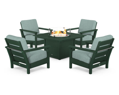 POLYWOOD® Harbour 5-Piece Conversation Set with Fire Pit Table in Green / Glacier Spa
