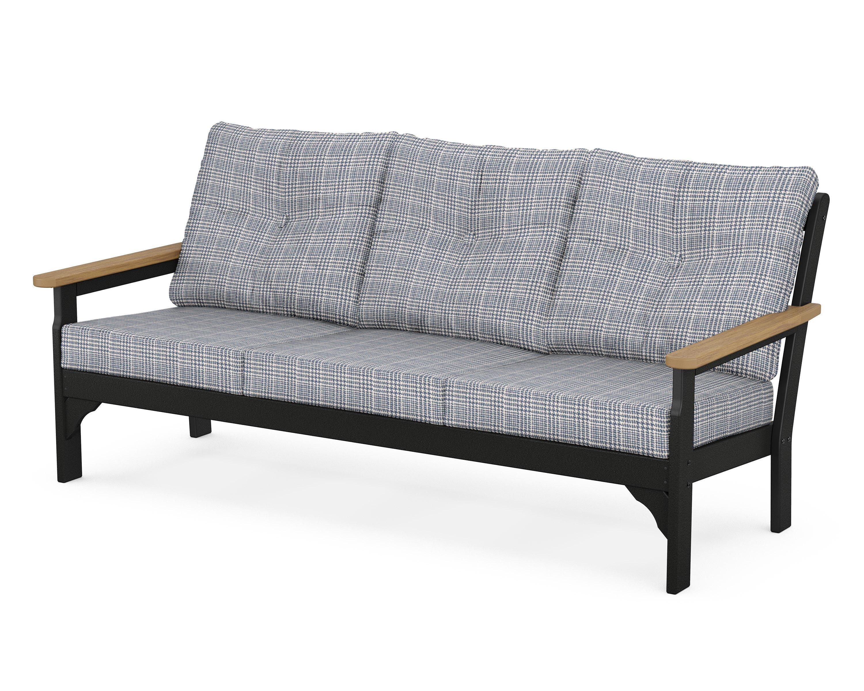POLYWOOD® Vineyard Deep Seating Sofa in Black / Natural / Houndstooth Sky Blue