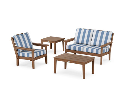 Country Living Wovendale 4-Piece Deep Seating Set in Teak / Cabana Stripe Sky Blue
